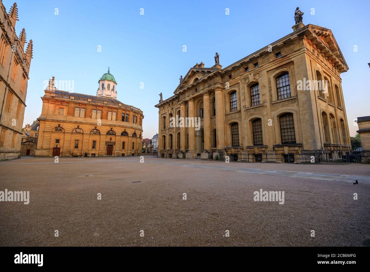 The side of the Sheldonian Theatre and the Clarendon Building with no people around, early in the morning. Oxford, England, UK. Stock Photo