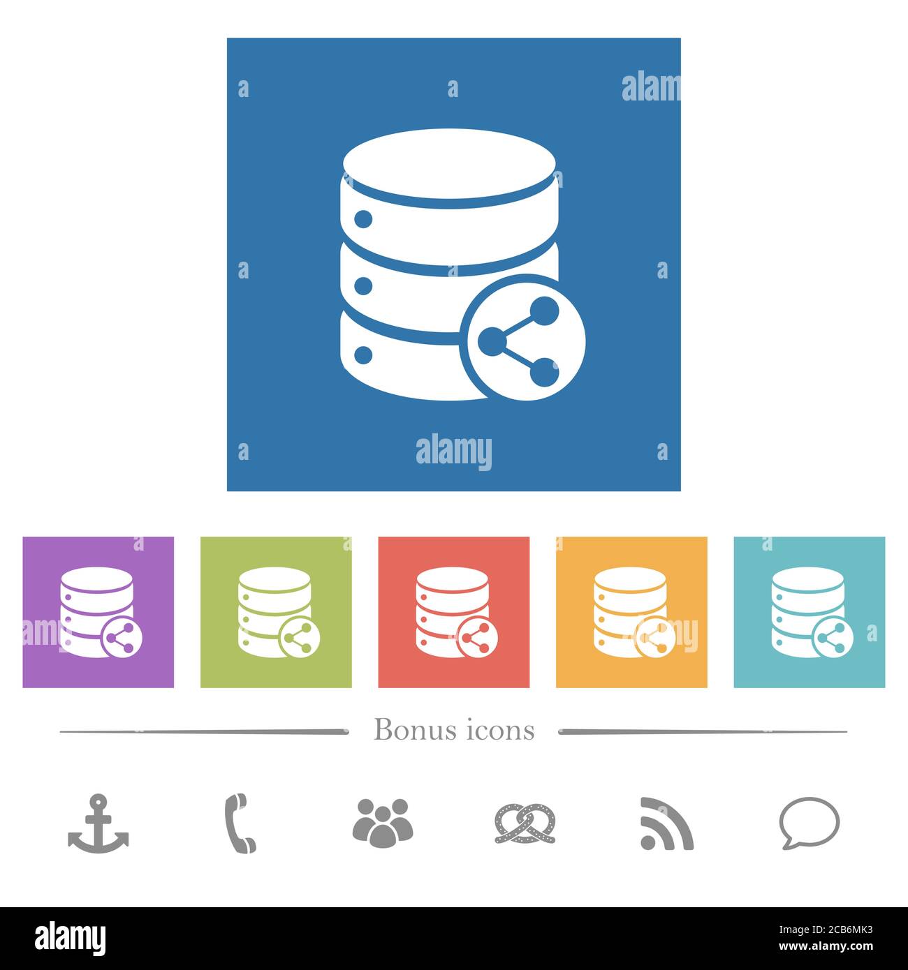 Database table relations flat white icons in square backgrounds. 6 ...