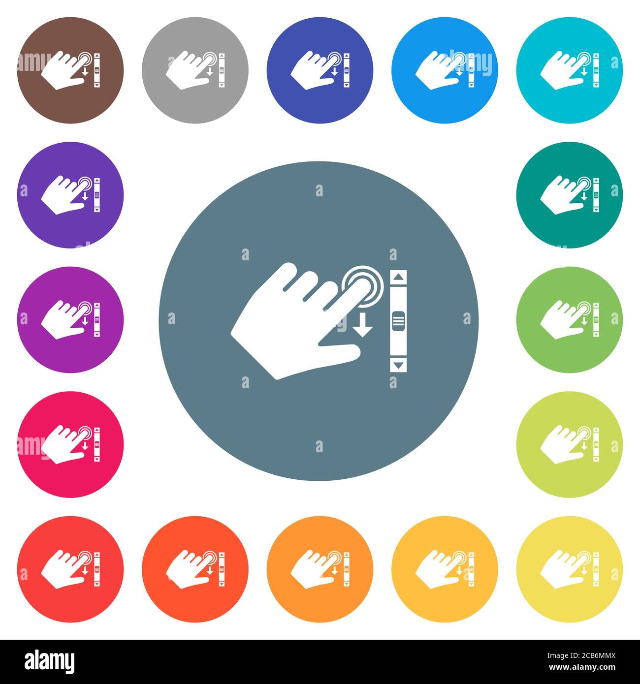 Left handed scroll down gesture flat white icons on round color ...