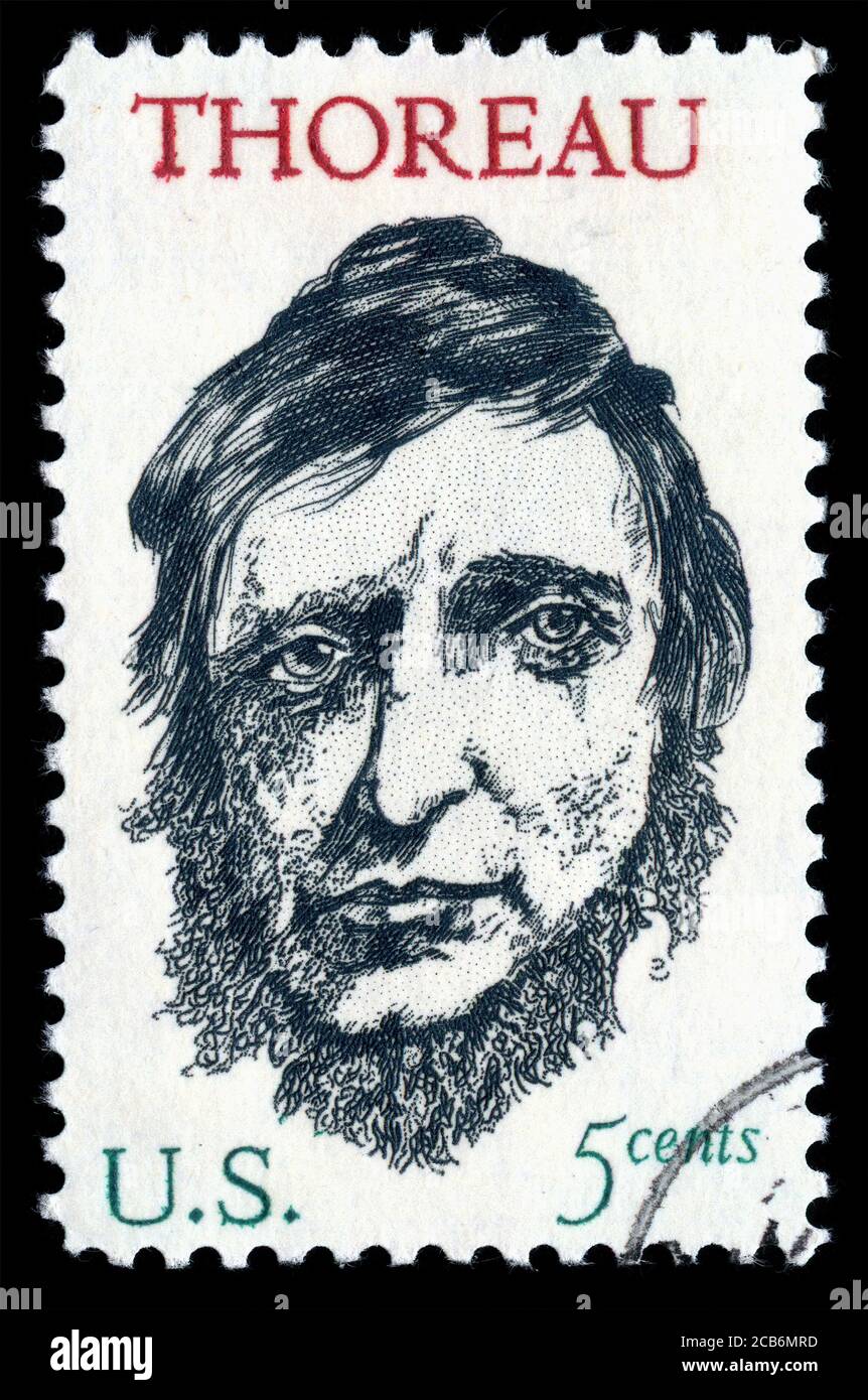 London, UK, February 19 2018 - Vintage 1967 USA cancelled postage stamp showing a portrait image of  Henry David Thoreau stamp collecting stock photo Stock Photo