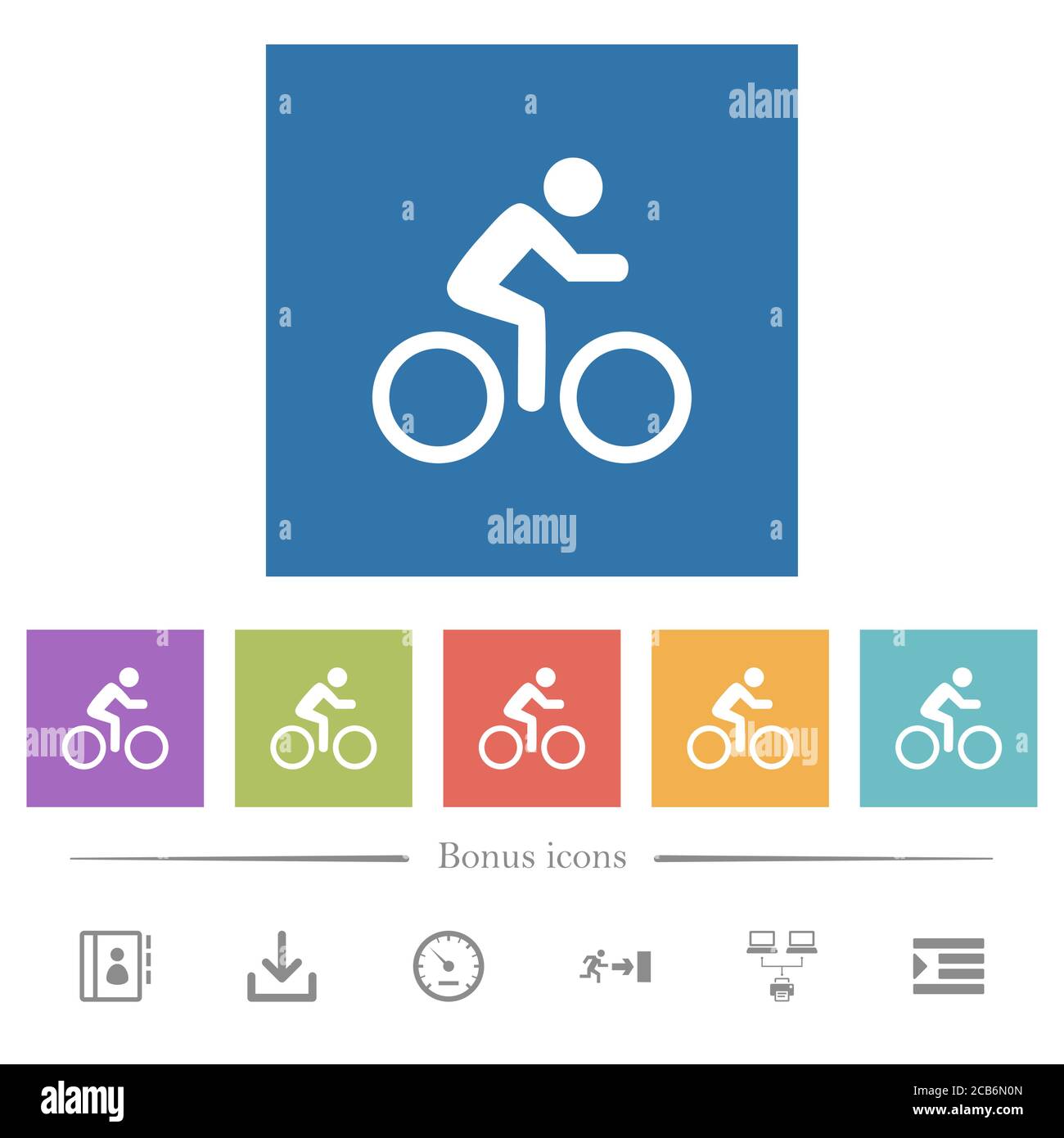Bicycle with rider flat white icons in square backgrounds. 6 bonus ...