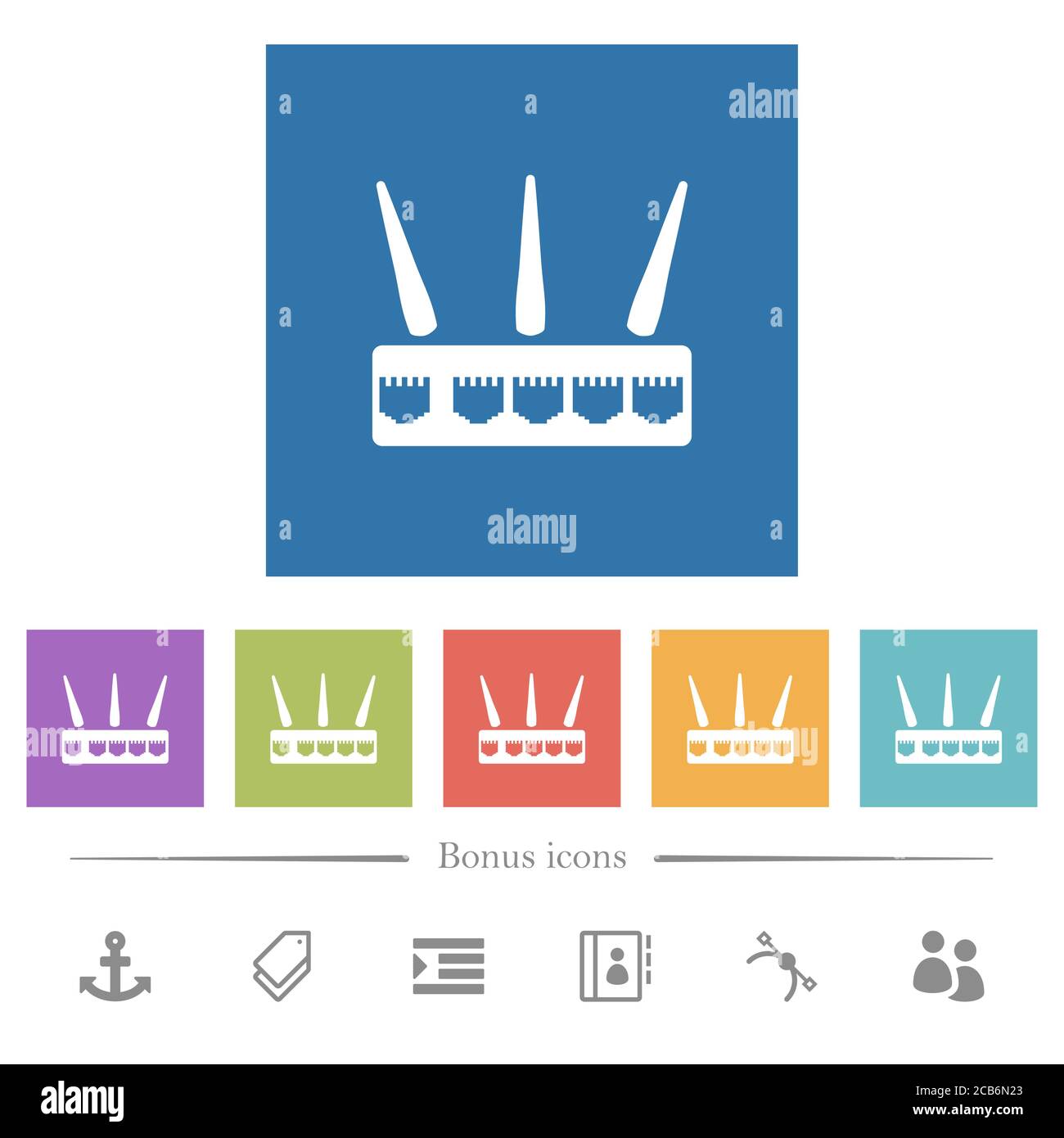 Wireless router flat white icons in square backgrounds. 6 bonus icons included. Stock Vector