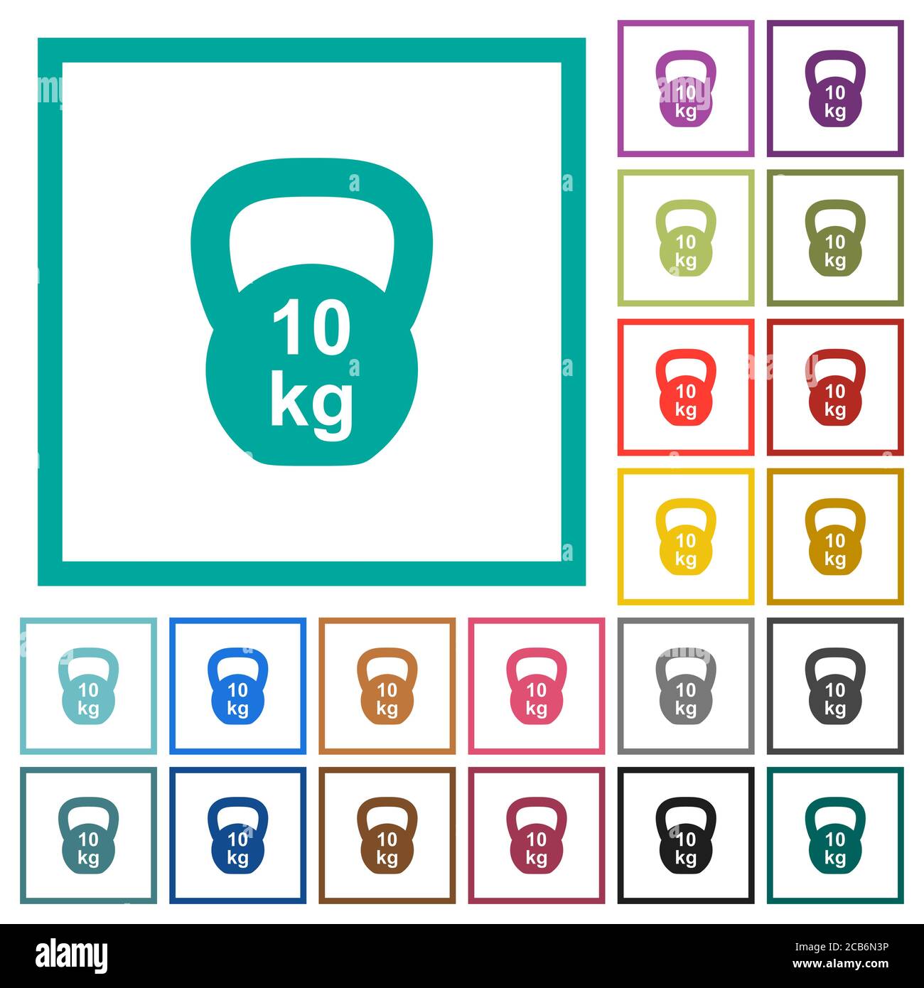 Kettlebel 10 Kg flat color icons with quadrant frames on white background Stock Vector