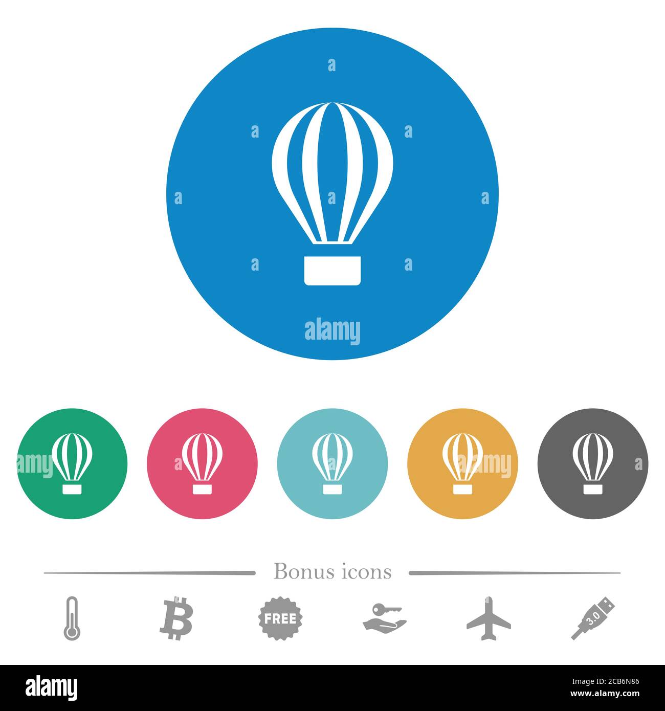 Air balloon flat white icons on round color backgrounds. 6 bonus icons ...