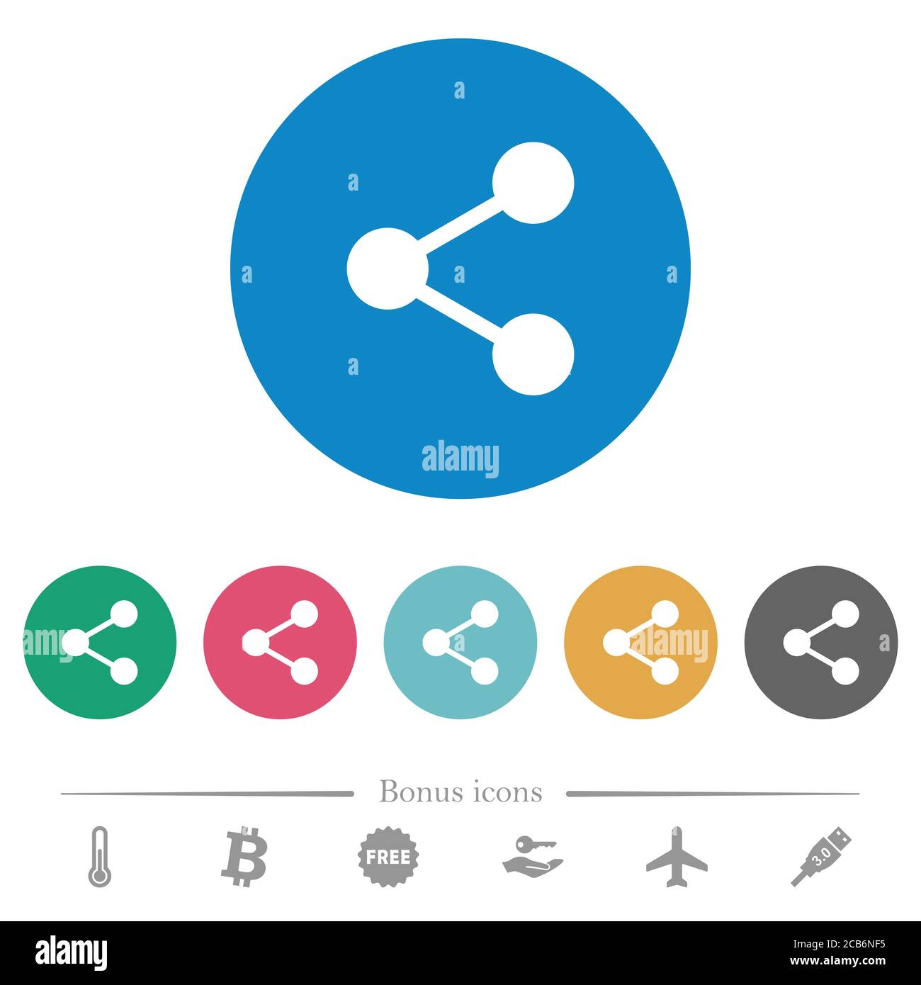 Share flat white icons on round color backgrounds. 6 bonus icons ...