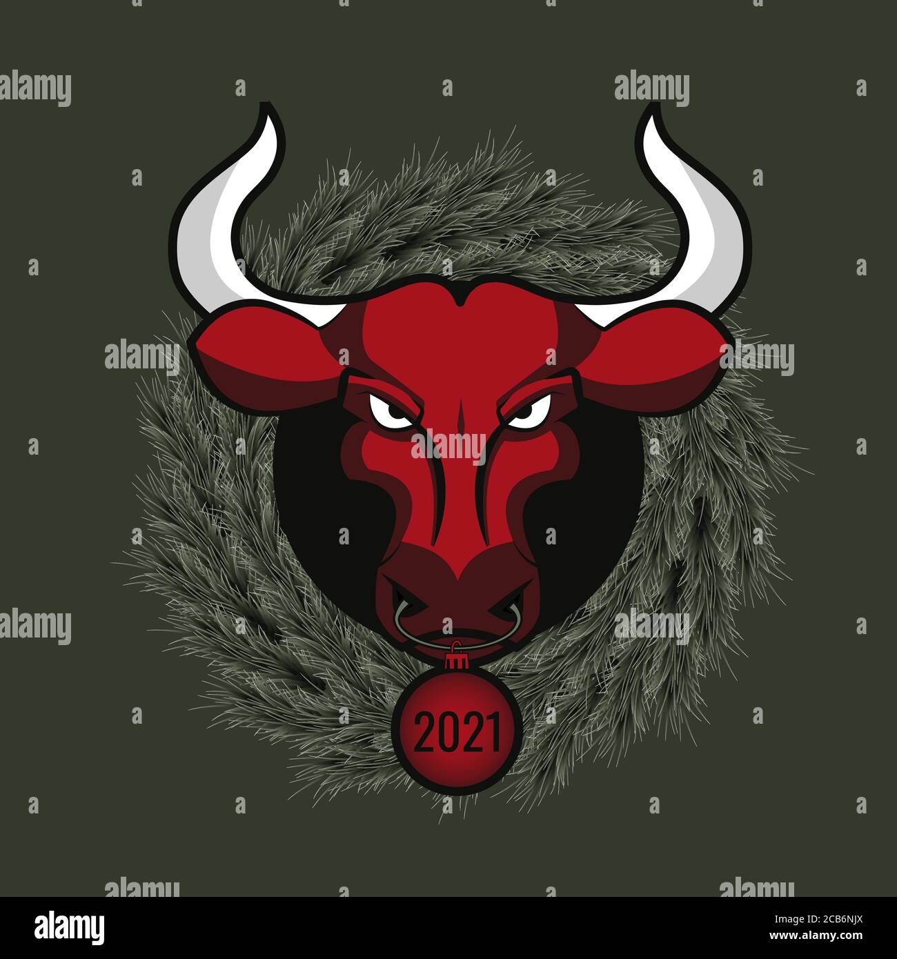 The drawn face of bull is red and white horns, ring in nose, christmas ball with 2021, around the head is large Christmas wreath Stock Vector