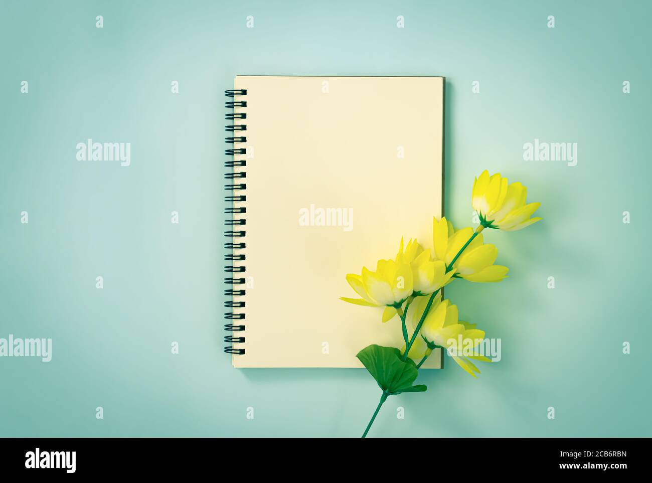 Spiral Notebook or Spring Notebook in Unlined Type and Yellow Flowers at Bottom Right on Blue Pastel Minimalist Background in Vintage Tone Stock Photo