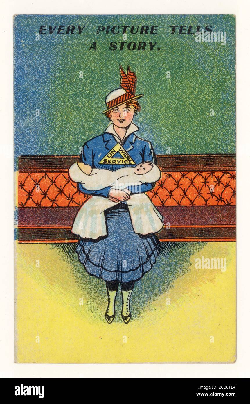 Original early WW1 era comic cartoon postcard of a woman holding babies and  wearing a triangular 'on war service badge', issued by the Ministry of defence in 1916 to female munitions workers. This cartoon champions women's role in helping the war effort in many ways!  U.K. circa 1916 Stock Photo