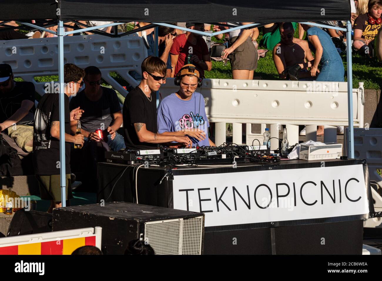 DJs at Teknopicnic, free open air dance party in Alppipuisto Park, Helsinki, Finland Stock Photo