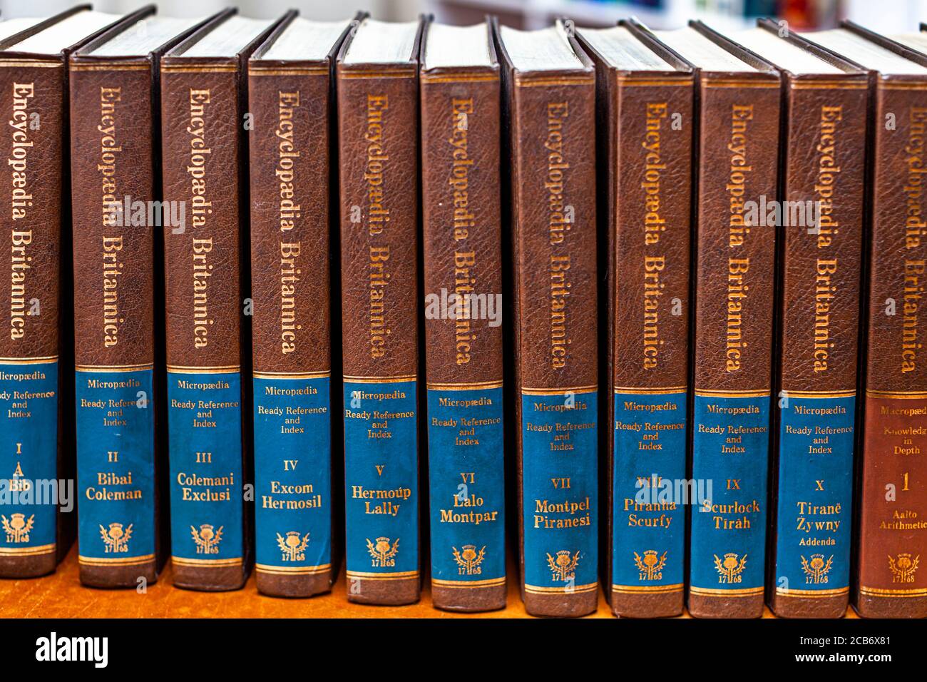 Encyclopaedia Brittanica in the bookshelve Stock Photo