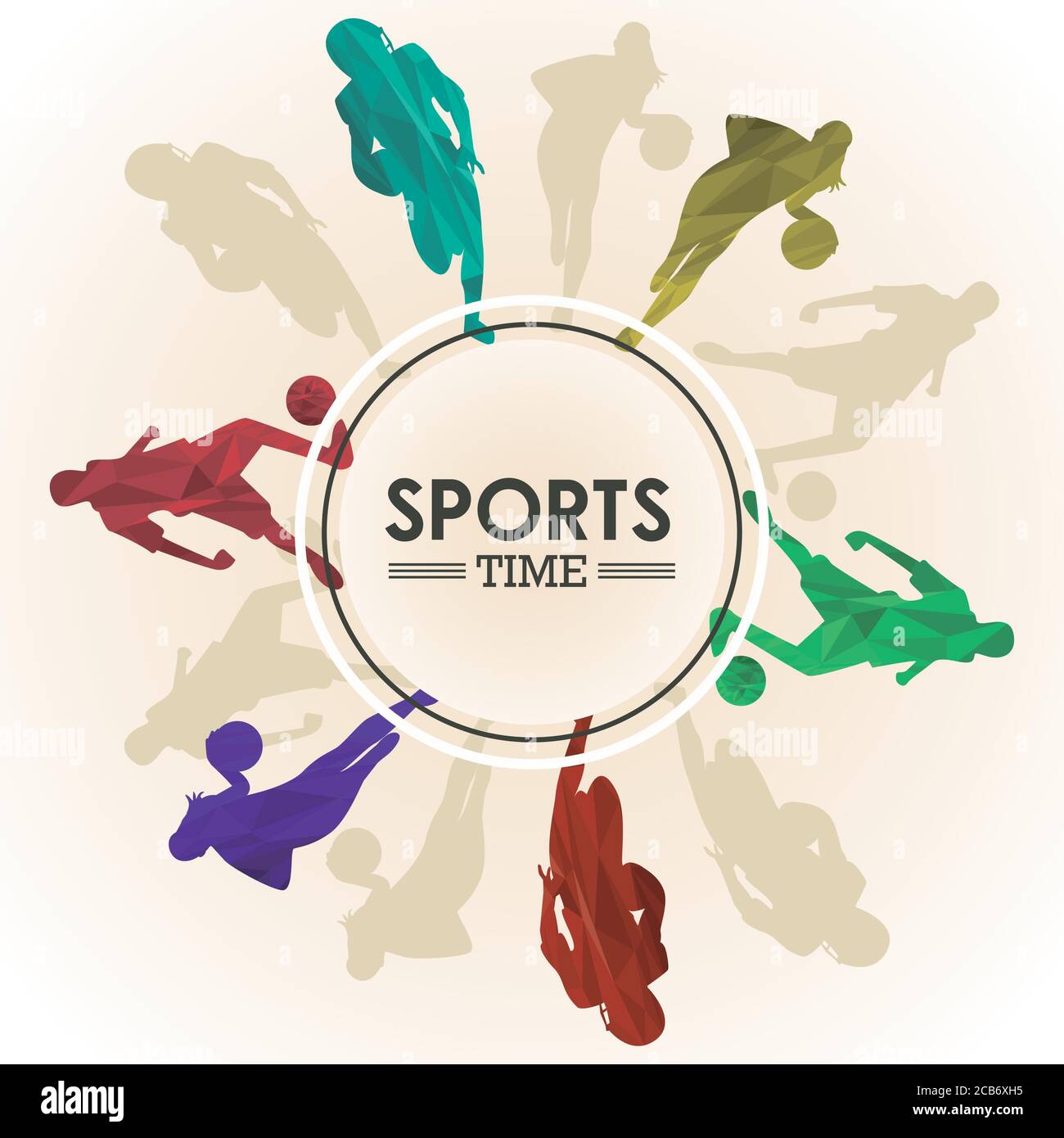 sports time poster with athletes figures in circular frame vector