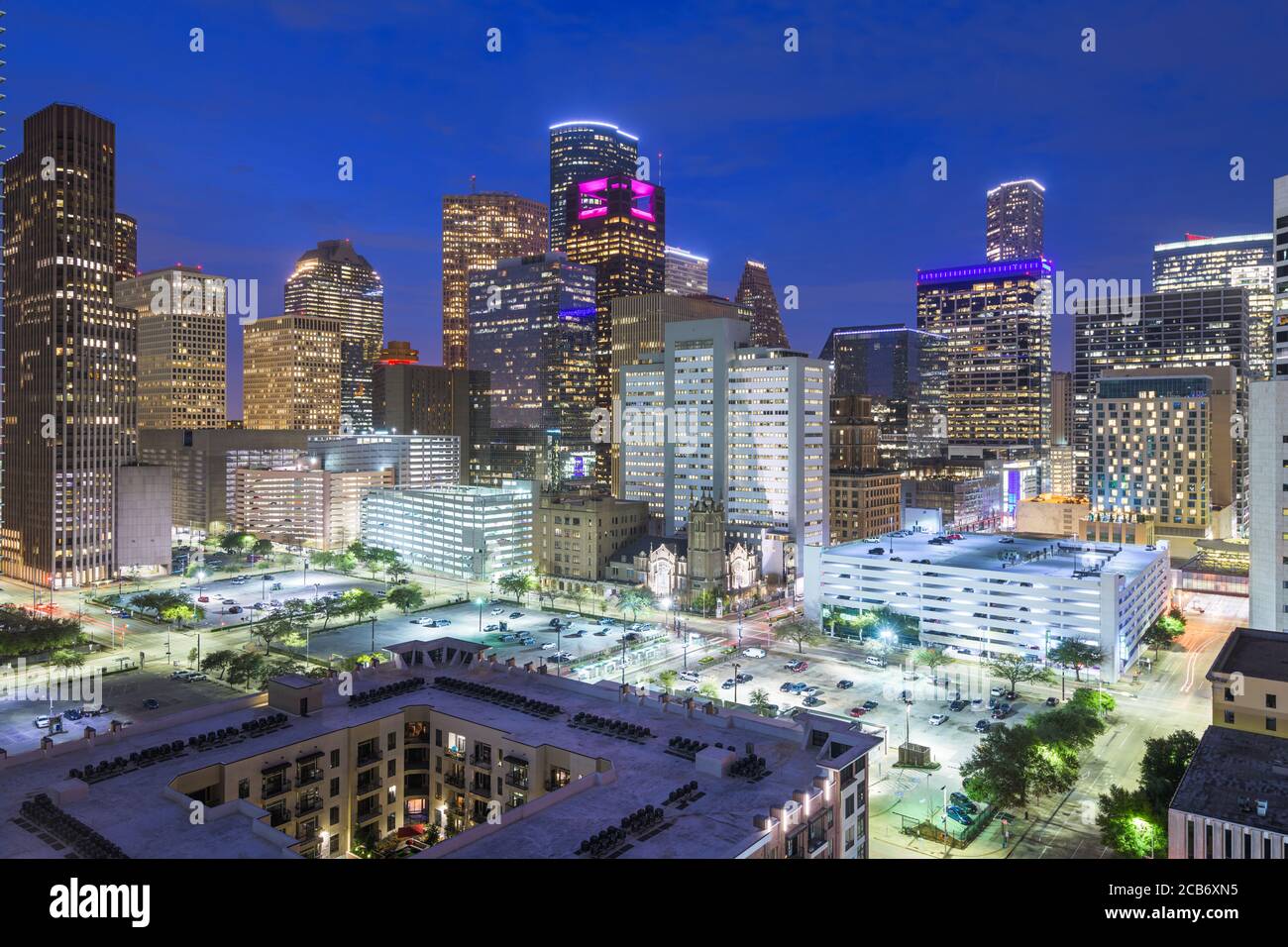 Houston, Texas, USA downtown cityscape at dusk in the financial