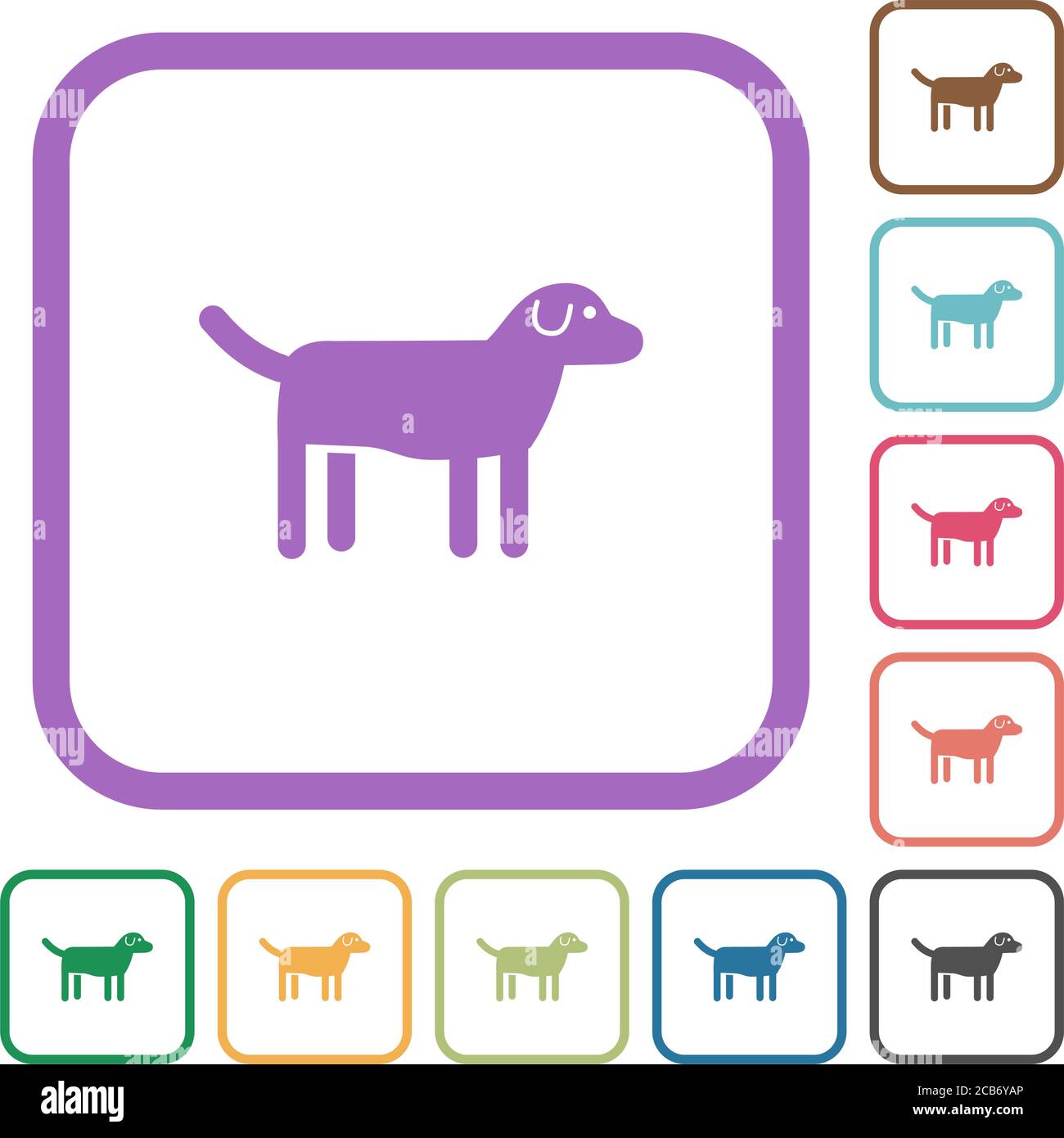 Dog simple icons in color rounded square frames on white background ...