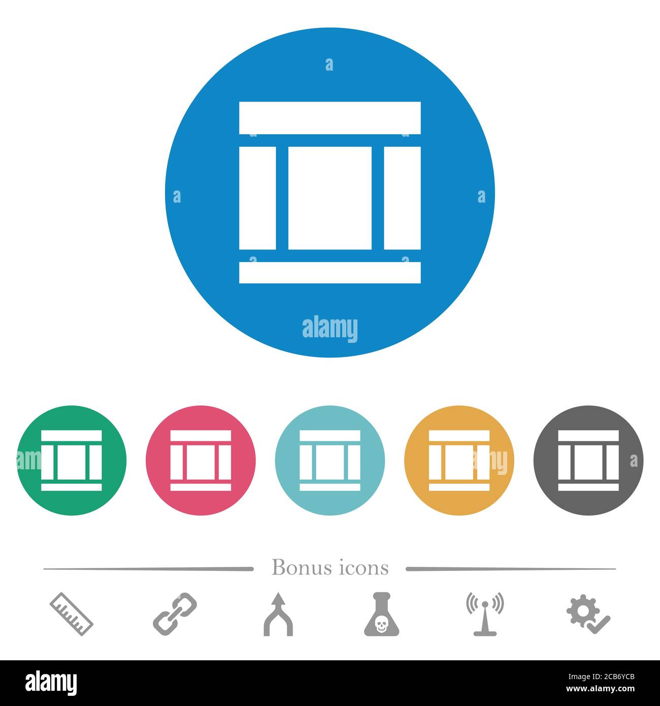 Three columned web layout flat white icons on round color backgrounds ...