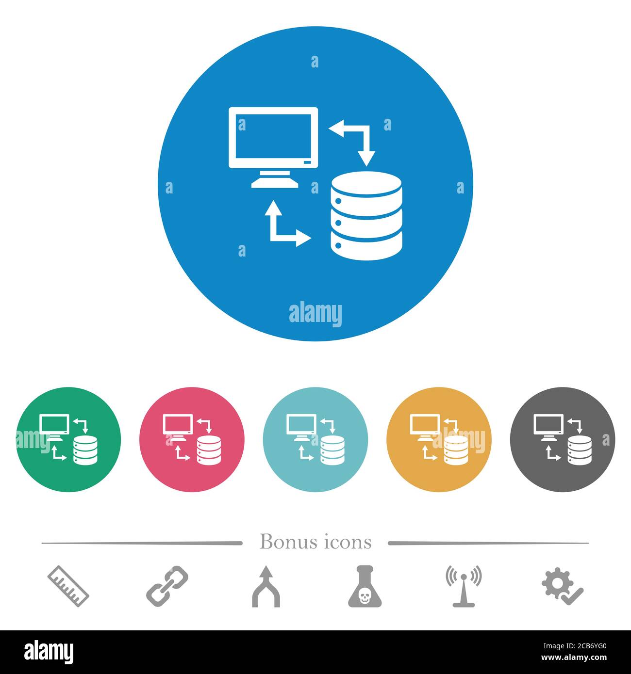 Syncronize data with database flat white icons on round color ...