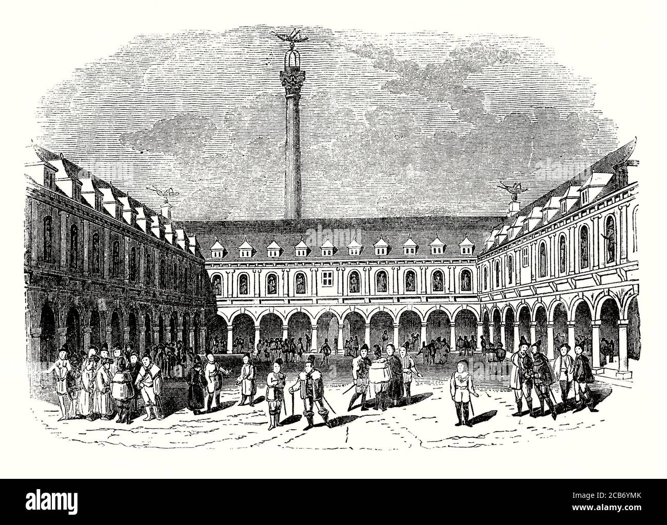 An old engraving of The Royal Exchange in London in the City of London, England, UK c. 1600. It was founded in the 16th century by the merchant Sir Thomas Gresham on the suggestion of his factor Richard Clough to act as a centre of commerce for the city. It is on the corner of Cornhill and Threadneedle Street. It was Britain's first specialist commercial building and was officially opened in 1571 by Queen Elizabeth I, who awarded the building its royal status. Only the exchange of goods was allowed until the 17th century. The original Exchange was destroyed in the Great Fire of London in 1666. Stock Photo