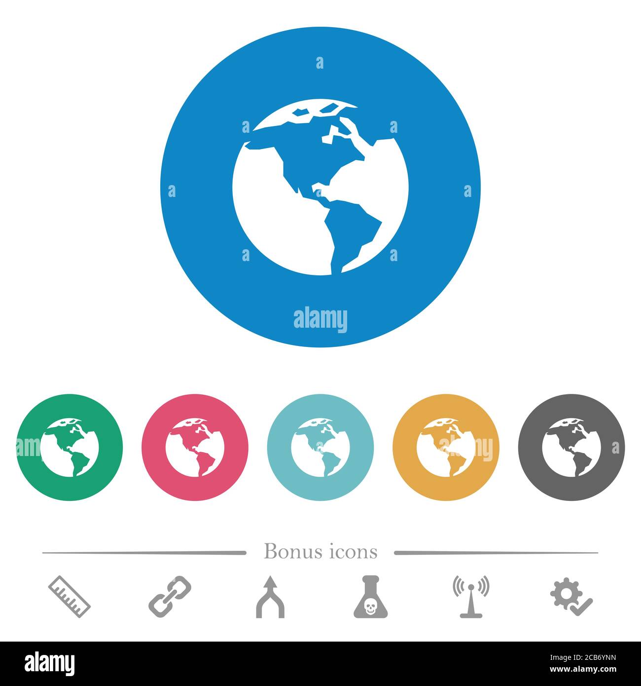Earth flat white icons on round color backgrounds. 6 bonus icons ...