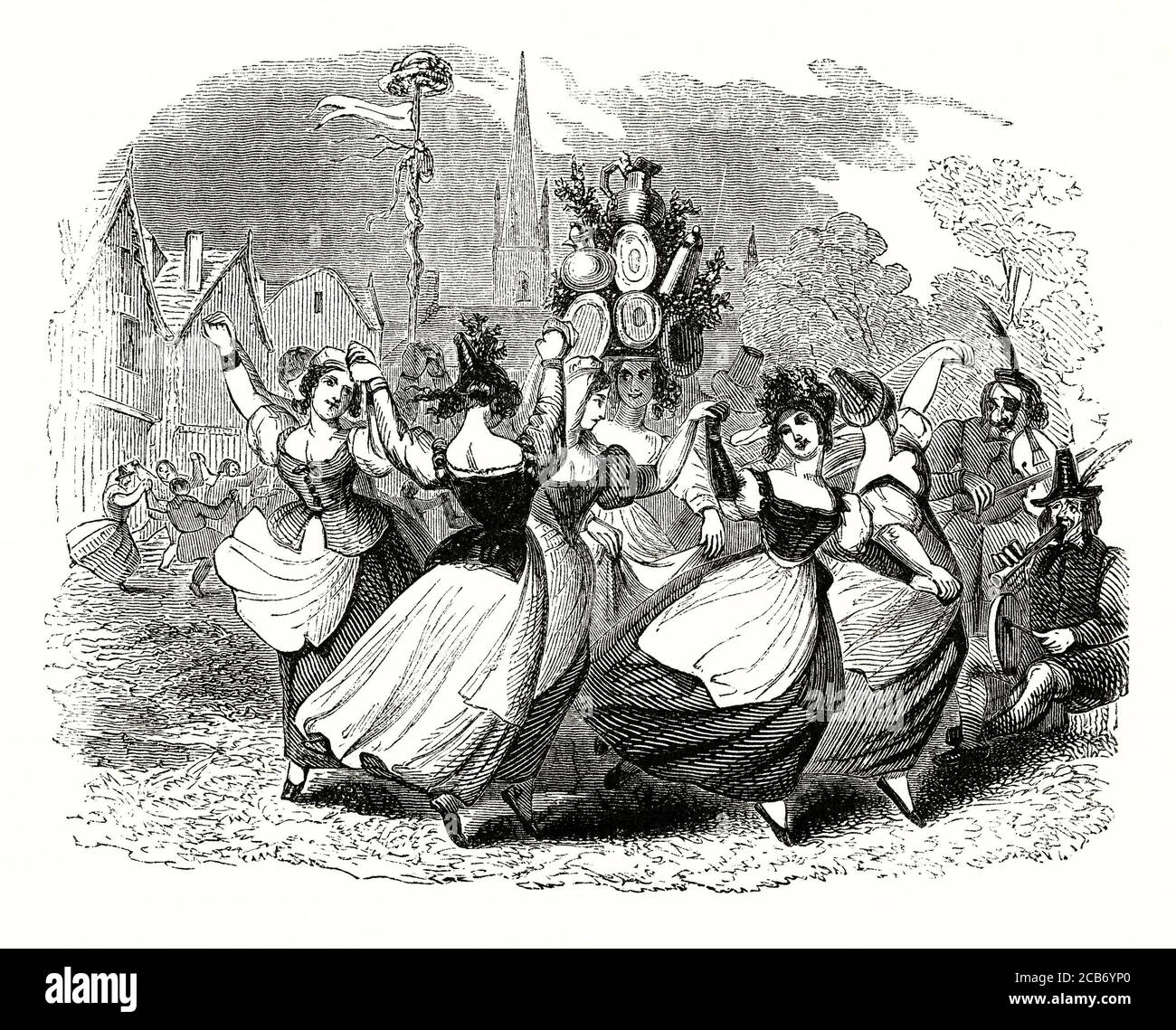 An old engraving of a May Day dance, the 'Milkmaids Garland', which was practiced until the early 19th century. The milkmaids would dress up in their best clothes and dance in the streets. A donation from passers-by was expected. A 'garland' (a pyramid of tankards, plates and flagons decorated with flowers) was paraded by the milkmaids or carried by a porter. May Day is an ancient public holiday usually celebrated on 1 May or the first Monday of May. It is a festival of spring. Dances, singing, and cake are usually part of the festivities. Stock Photo