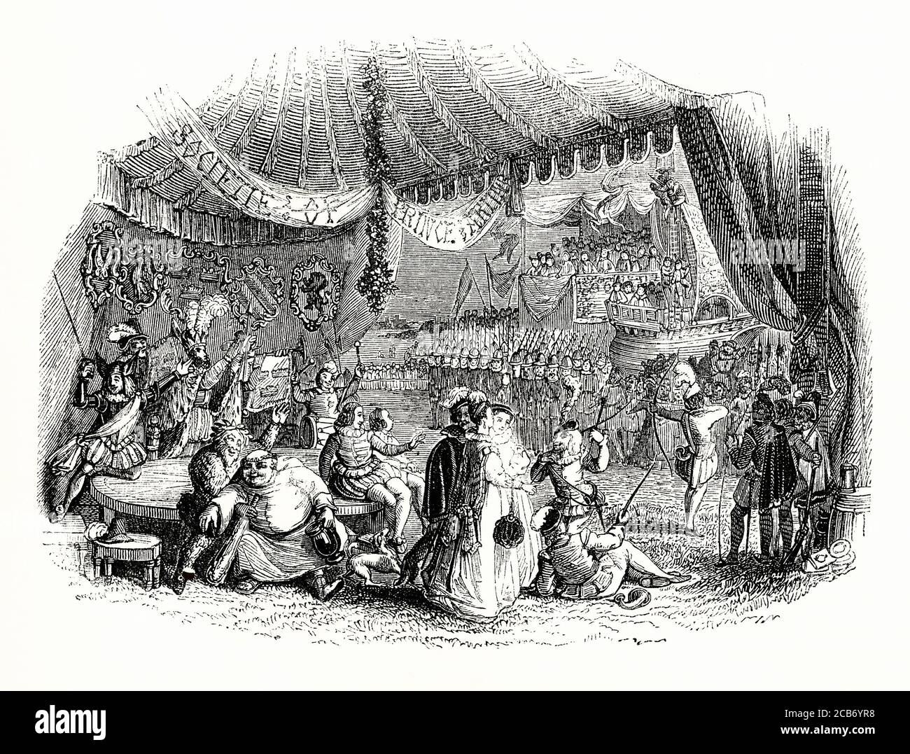 An old engraving of an impressive archery pageant during the reign of Henry VIII, at Mile End, England, UK in the early 1500s. The Fraternity of Prince Arthur was a group of Tudor longbowmen who practised in the fields of Mile End in present-day east London. They were named after King Henry VIII’s elder brother, Prince Arthur who died in 1502 aged 15. As Prince of Wales and later as King, Henry VIII visited the Fraternity, watching them shoot and enjoying their feasts. He became their patron and confirmed by charter their 'famous Order of Knights of Prince Arthur’s Round Table, or Society'. Stock Photo