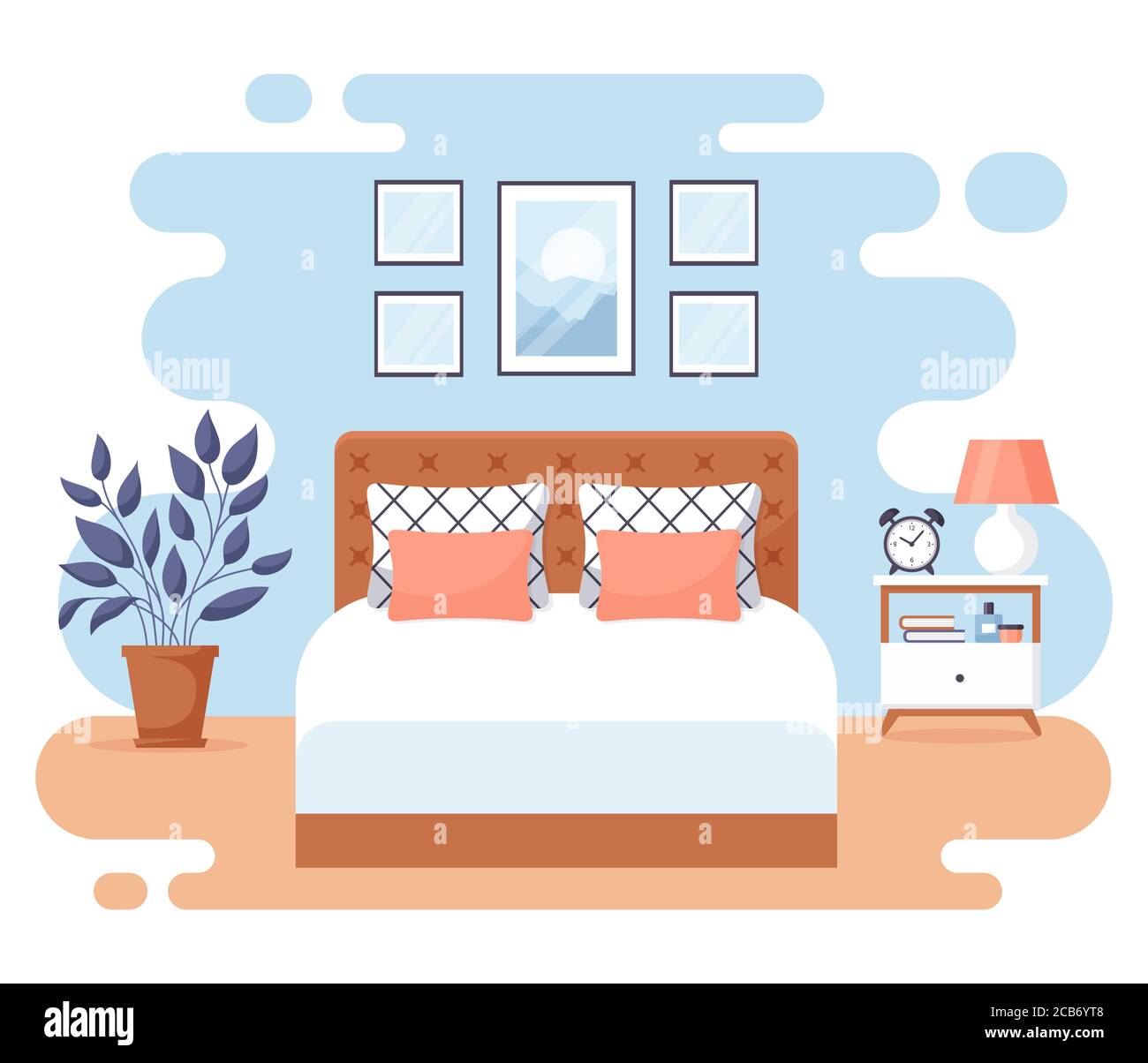 Bedroom interior. Modern banner. Vector. Design of a cozy room with double bed, bedside table, and decor accessories. Home or hotel furnishings. Flat Stock Vector
