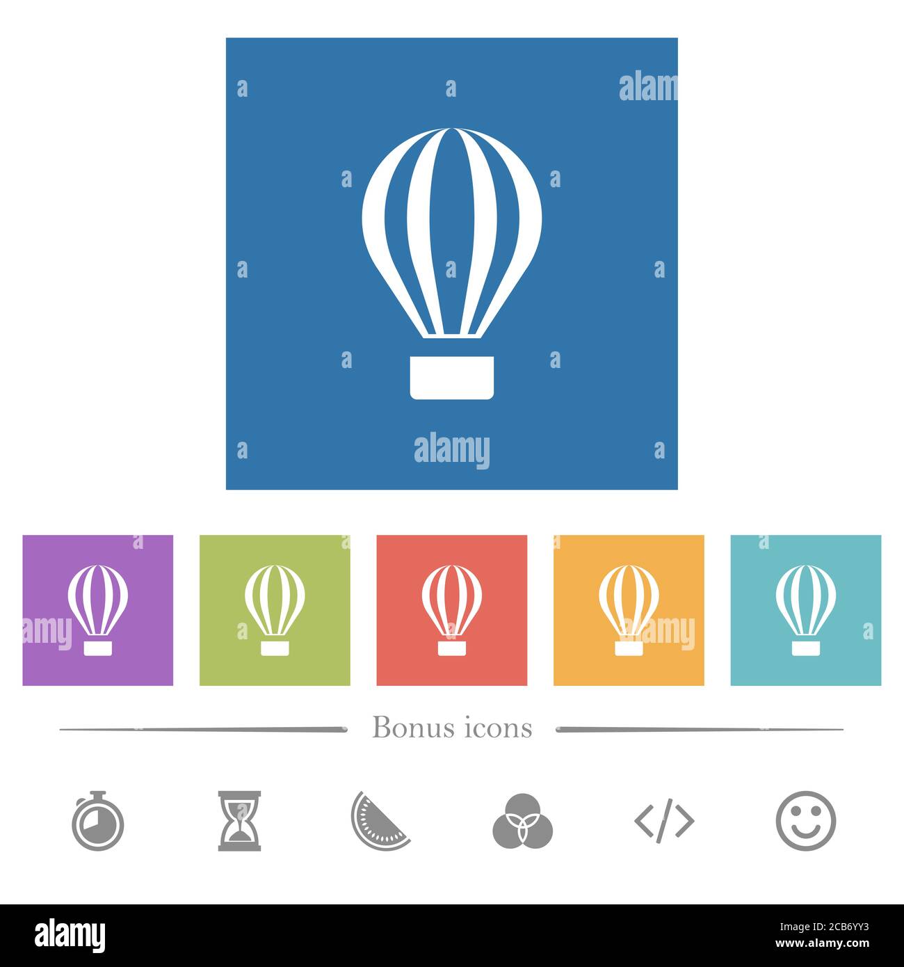 Air balloon flat white icons in square backgrounds. 6 bonus icons ...