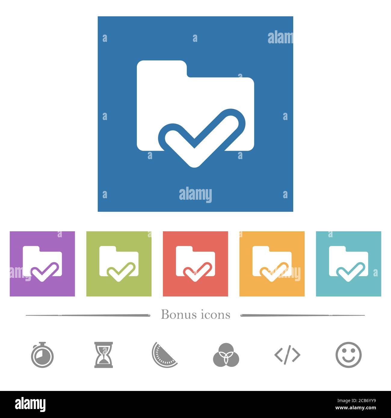Folder ok flat white icons in square backgrounds. 6 bonus icons ...