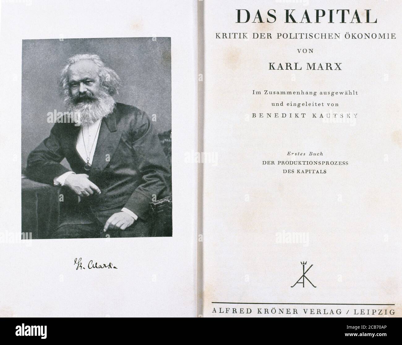 Karl Marx (1818-1883). German philosopher, political theorist, and socialist revolutionary. 'Das Kapital', also called Capital (1867). A Critique of Political Economy (1867). Foundational theoretical text in materialist philosophy, economics and politics by Karl Marx. Edition of 1929. Stock Photo