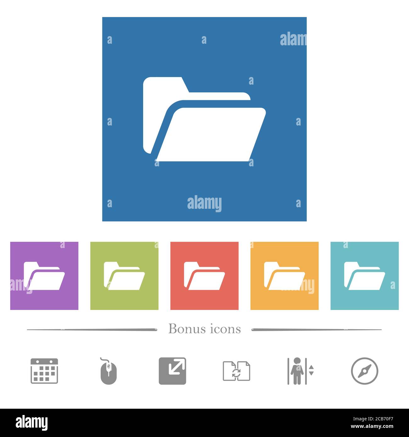 Folder open flat white icons in square backgrounds. 6 bonus icons ...