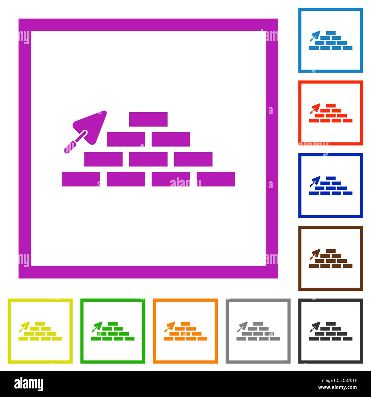 Brick wall and trowel flat color icons in square frames on white ...