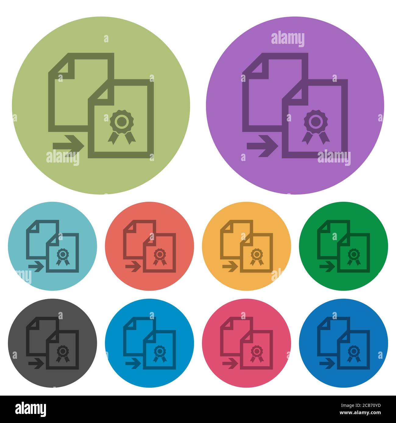 Copy certificate darker flat icons on color round background Stock ...