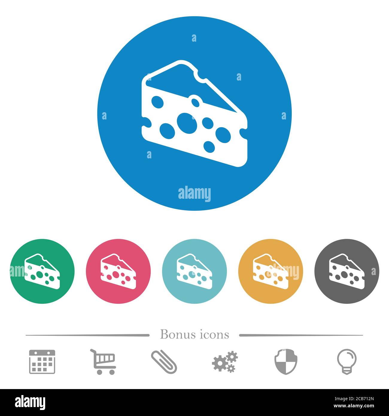 Slice of cheese flat white icons on round color backgrounds. 6 bonus ...