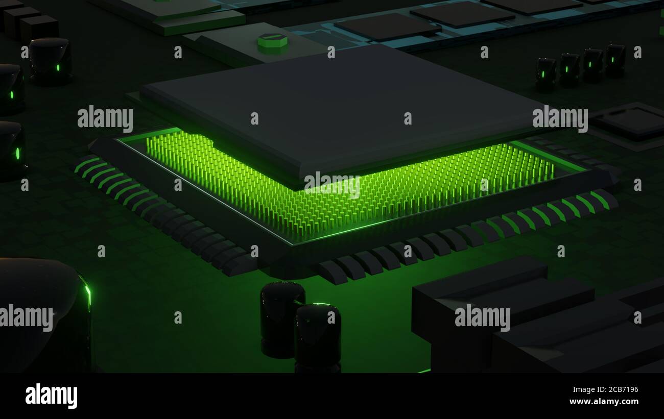 3d rendering of a typical computer processor embedded in a motherboard. Image has CPU socket, PCIE slots, RAM slots, Nvme slots, and other components. Stock Photo