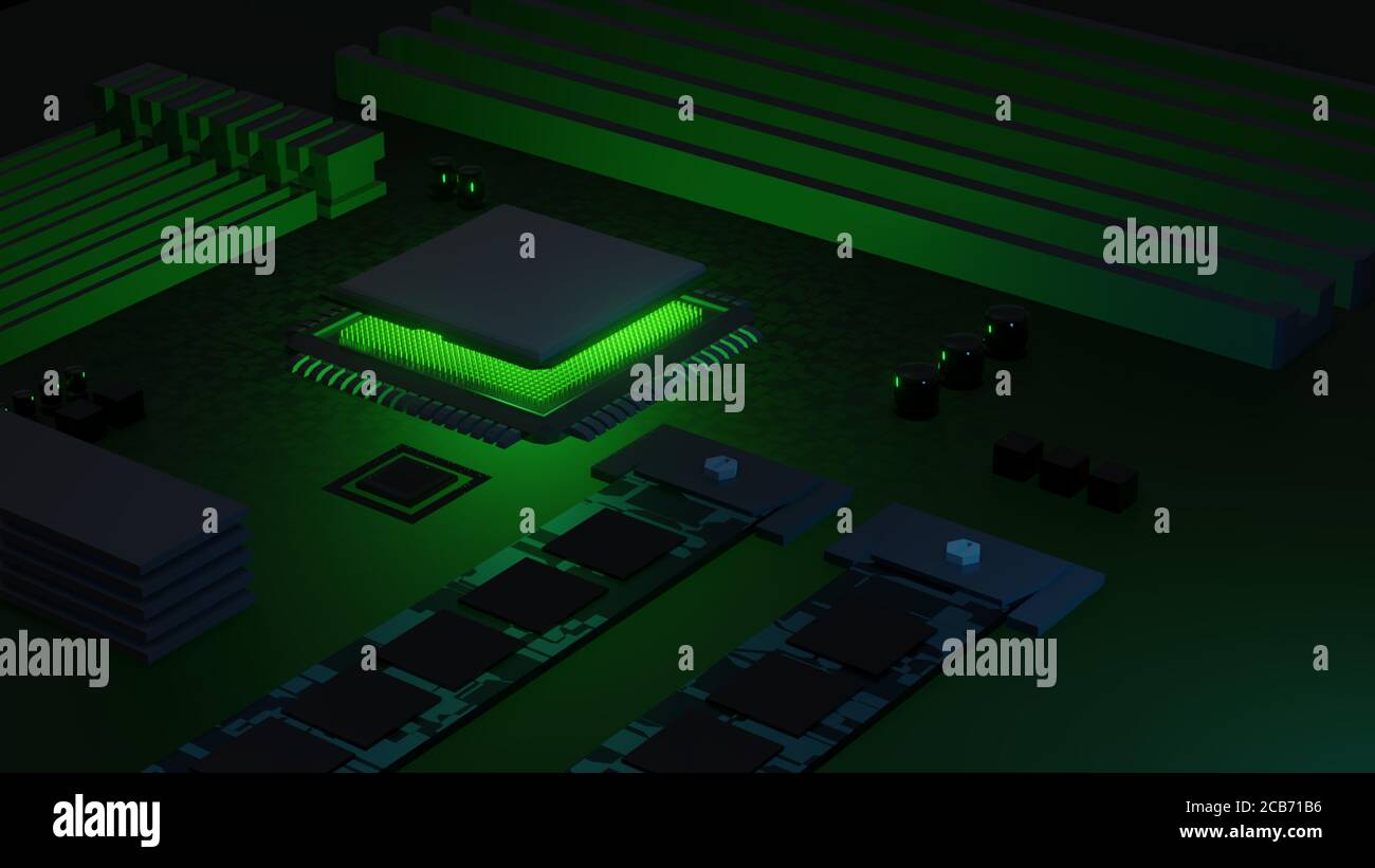 3d rendering of a typical computer processor embedded in a motherboard. Image has CPU socket, PCIE slots, RAM slots, Nvme slots, and other components. Stock Photo