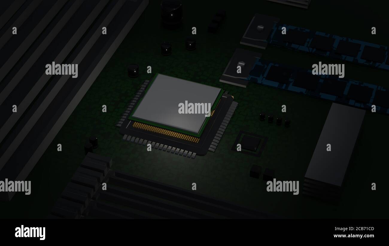 3d rendering of a typical computer processor embedded in a motherboard. Image has CPU socket, PCIE slots, RAM slots, Nvme slots, and other components. Stock Photo