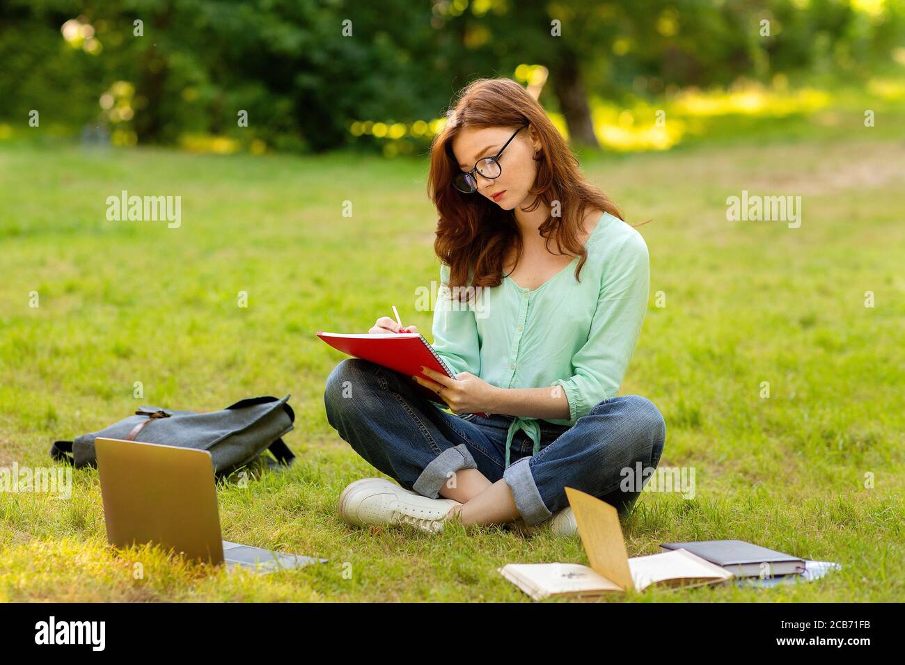 Beautiful redhead student girl preparing for exams in park, writing notes Stock Photo