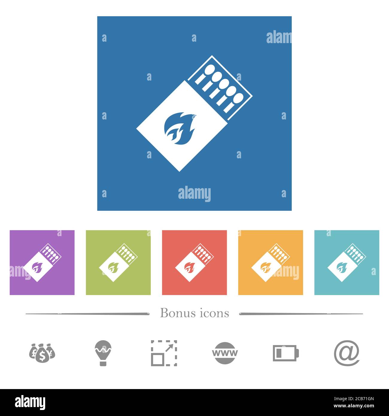 Box of matches flat white icons in square backgrounds. 6 bonus icons ...