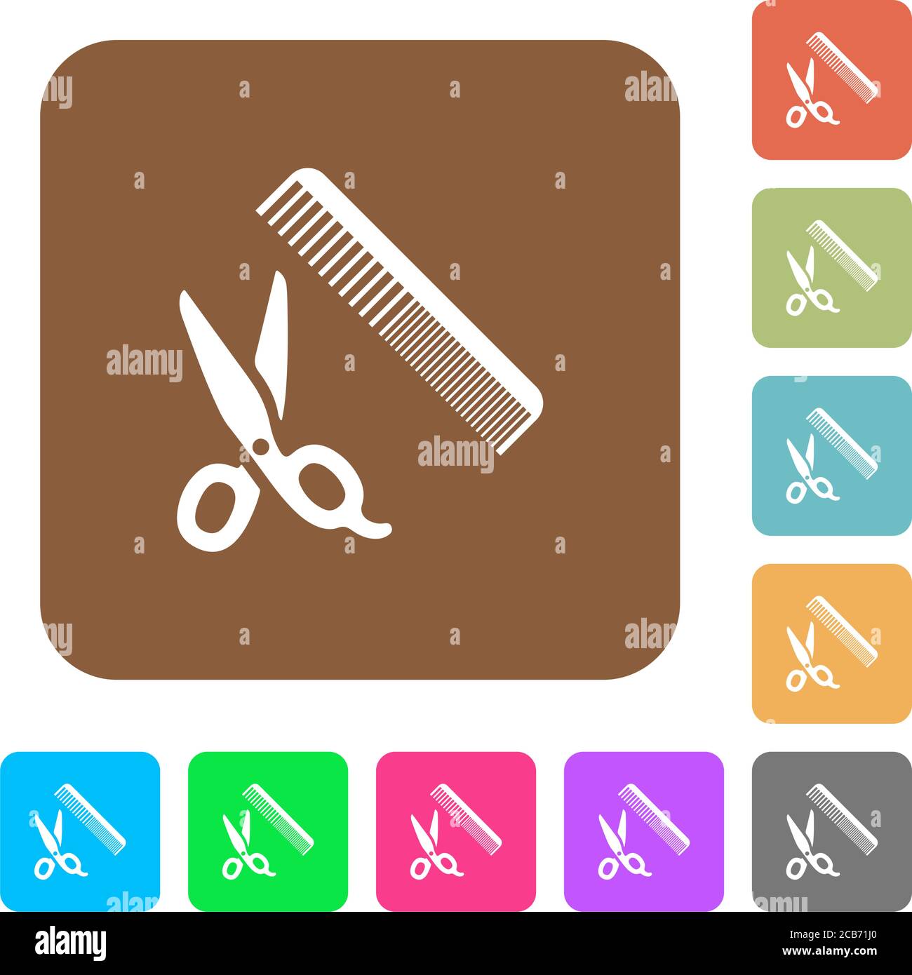 Comb and scissors flat icons on rounded square vivid color backgrounds ...