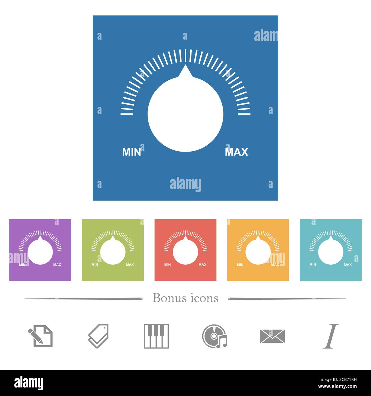 Volume control with captions flat white icons in square backgrounds. 6 ...