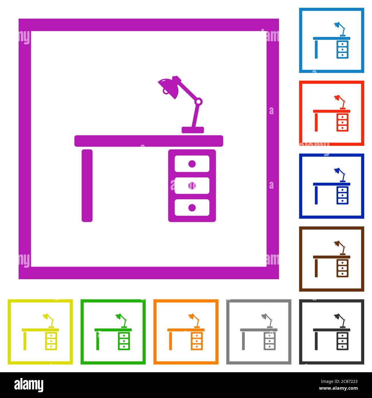 Desk with lamp flat color icons in square frames on white background ...