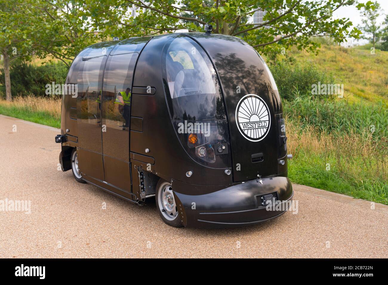 England London Stratford Park Hackney Wick prototype Westfield black autonomous driverless electric POD car vehicle testing run modern futuristic Stock Photo