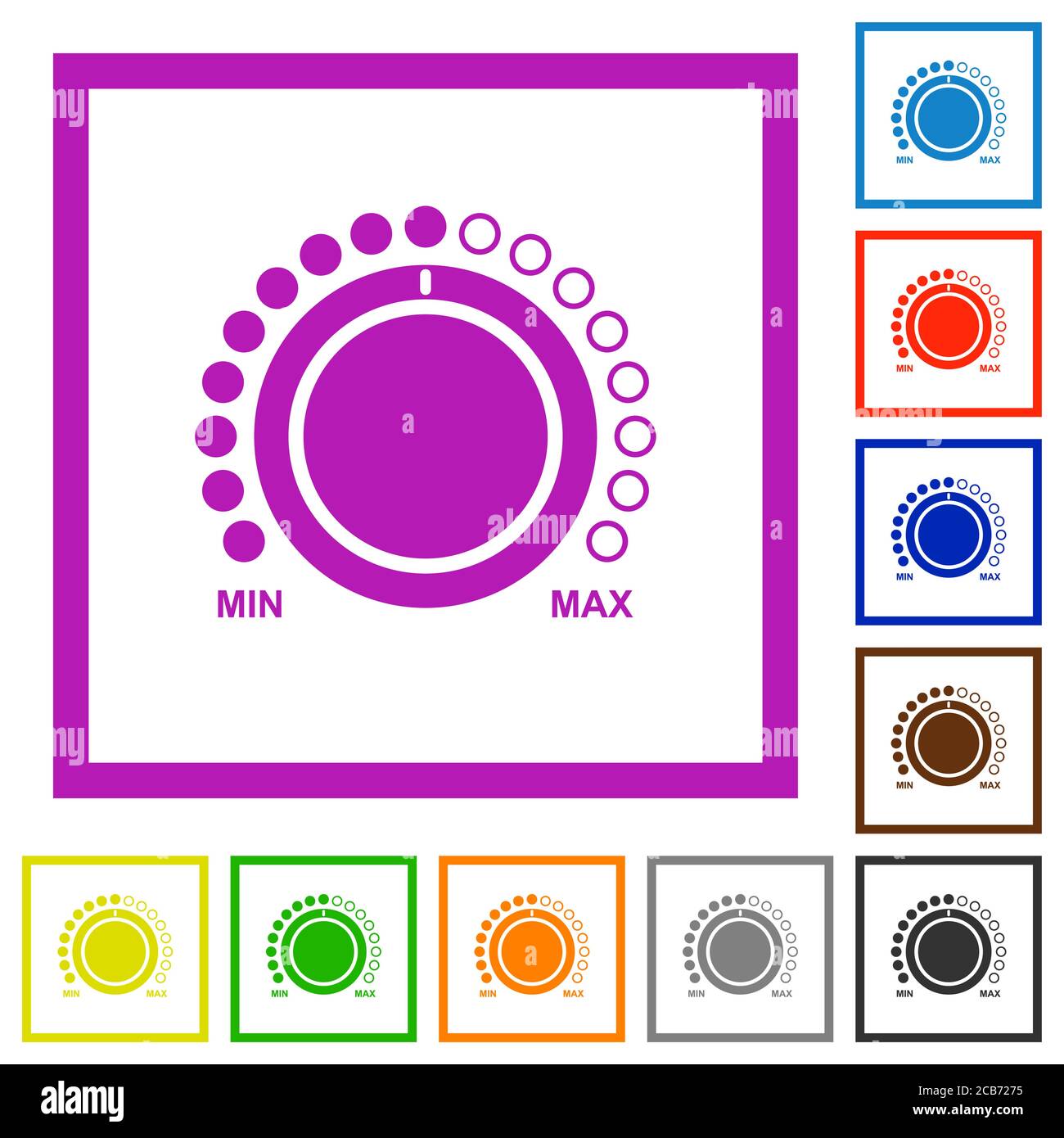 Volume control with captions flat color icons in square frames on white ...