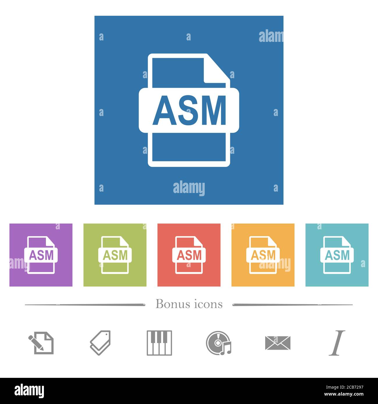 ASM file format flat white icons in square backgrounds. 6 bonus icons ...