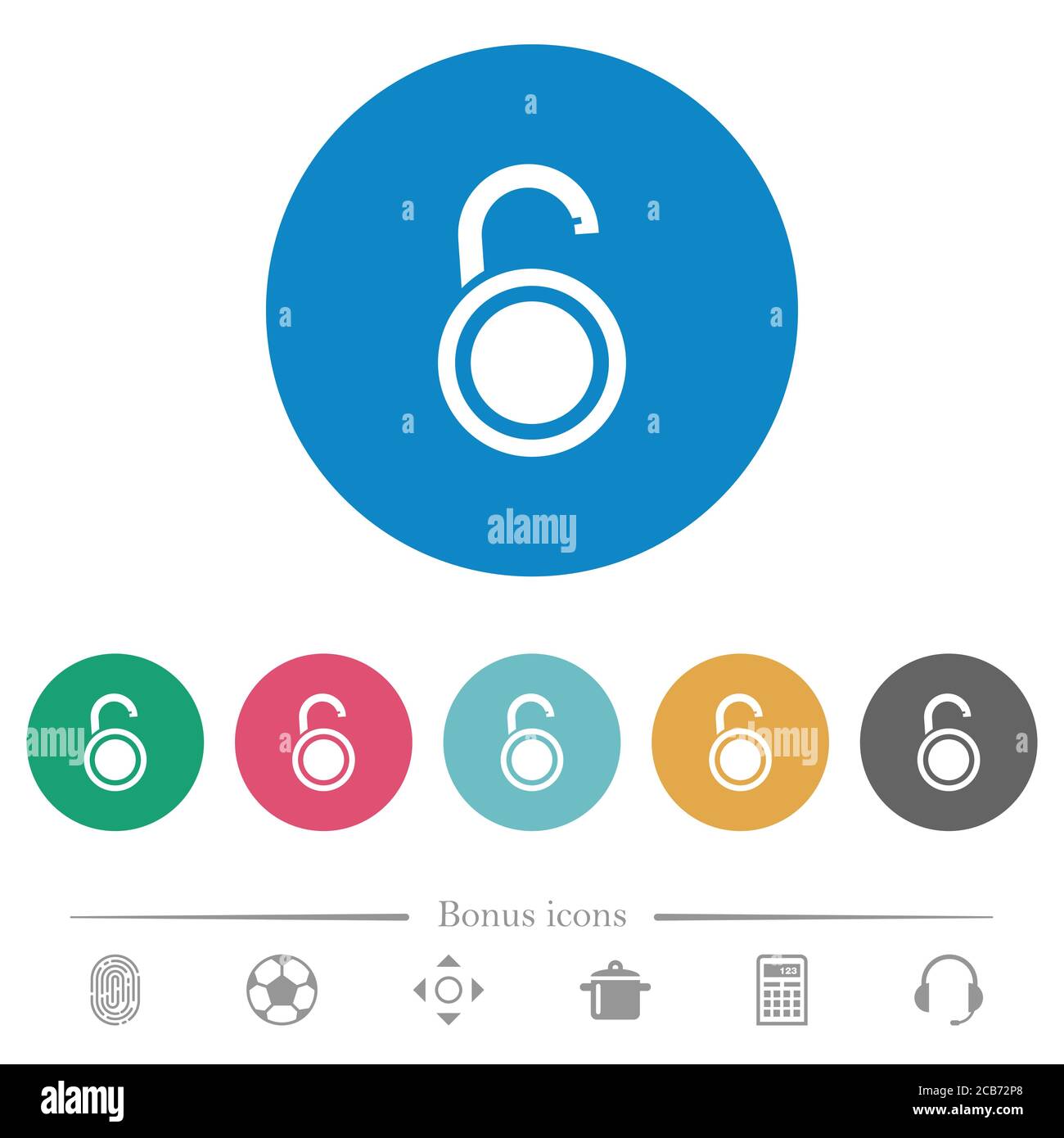 Unlocked round padlock flat white icons on round color backgrounds. 6 ...