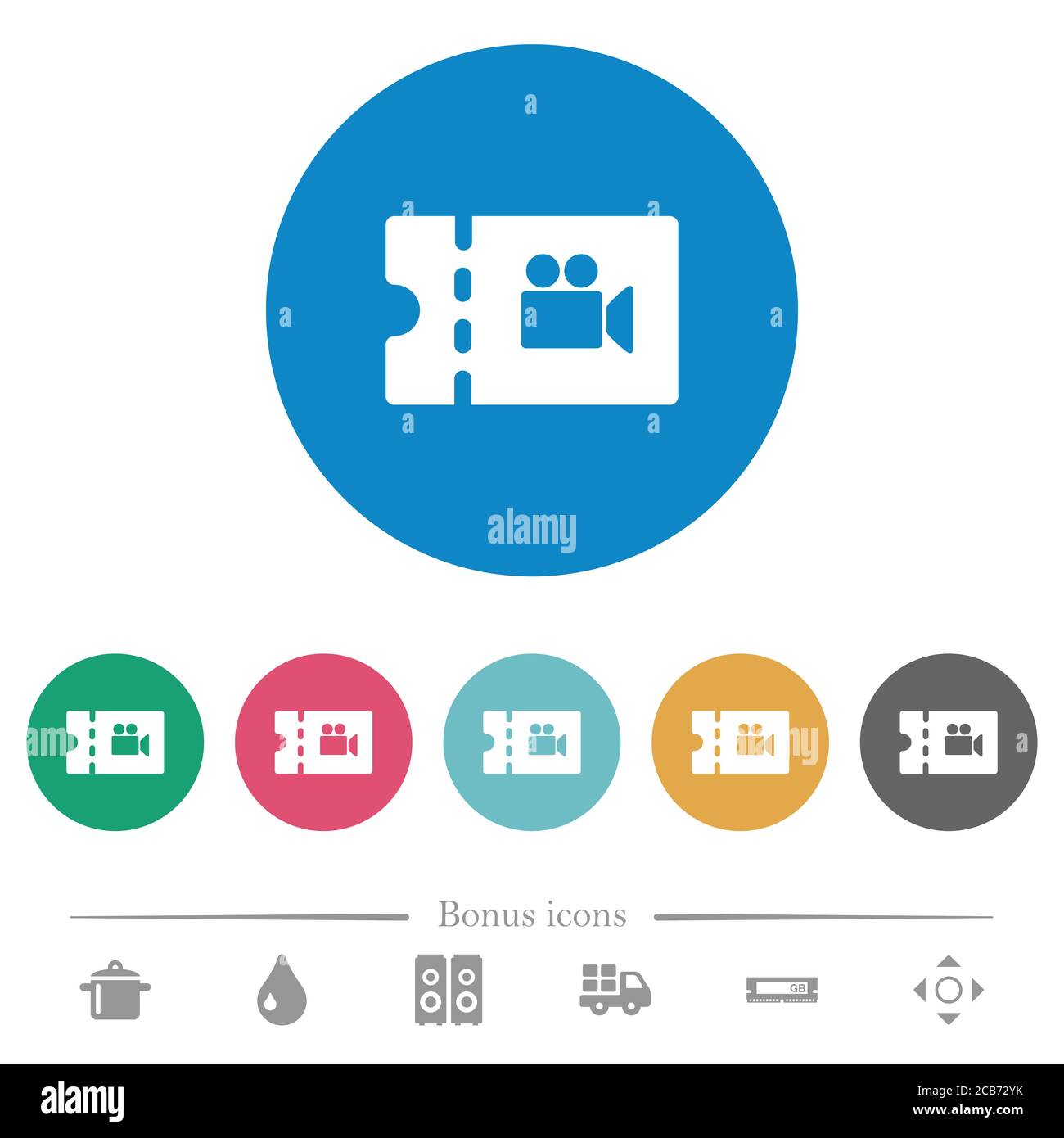Movie discount coupon flat white icons on round color backgrounds. 6 ...