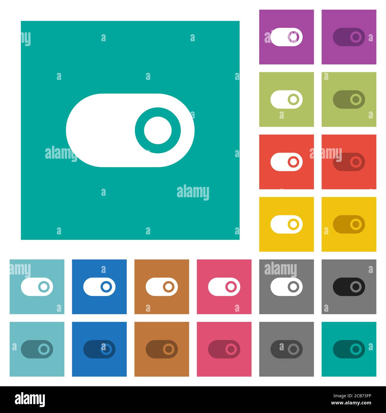 Single horizontal toggle multi colored flat icons on plain square backgrounds. Included white and darker icon variations for hover or active effects. Stock Vector
