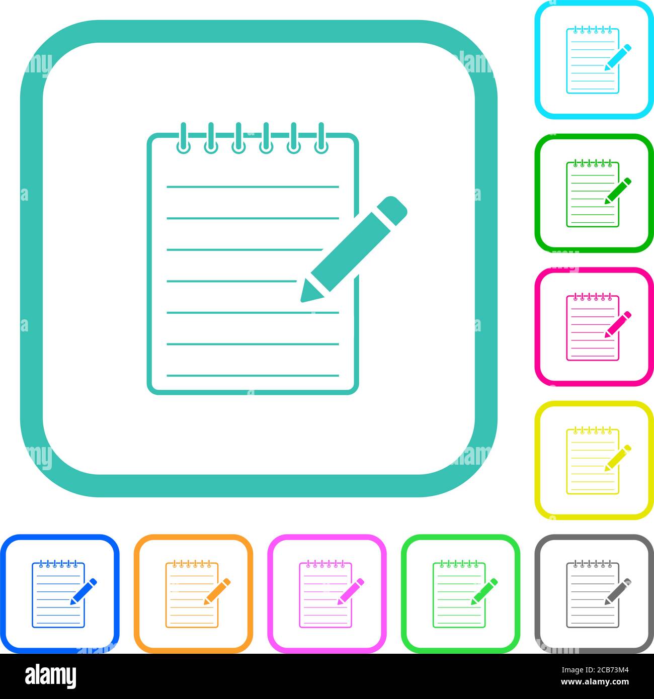 Spiral notepad with pencil vivid colored flat icons in curved borders ...