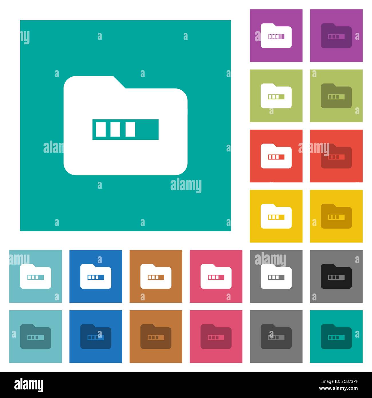 Processing folder multi colored flat icons on plain square backgrounds. Included white and darker icon variations for hover or active effects. Stock Vector