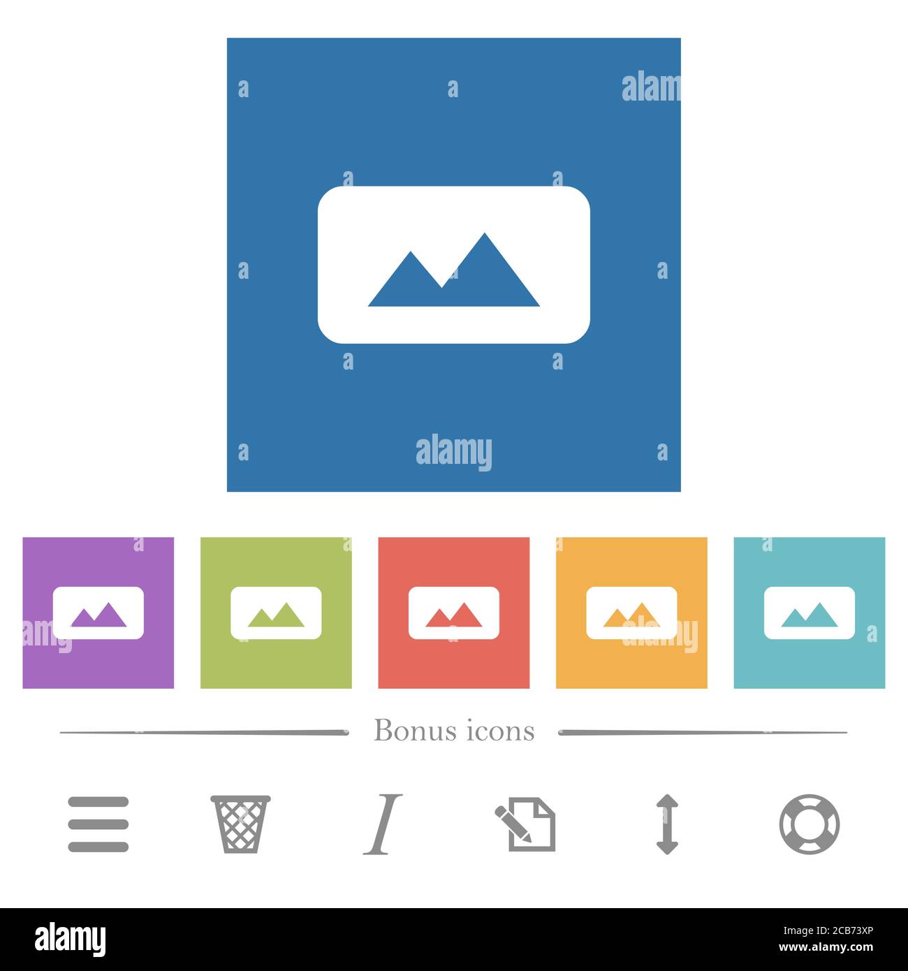 Panorama picture flat white icons in square backgrounds. 6 bonus icons ...