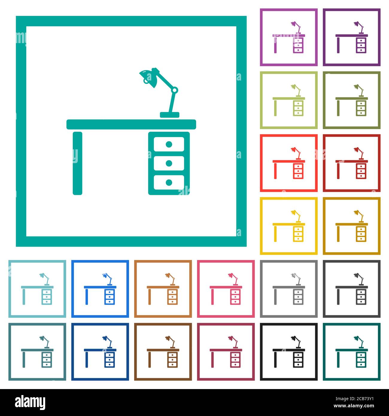 Desk with lamp flat color icons with quadrant frames on white ...