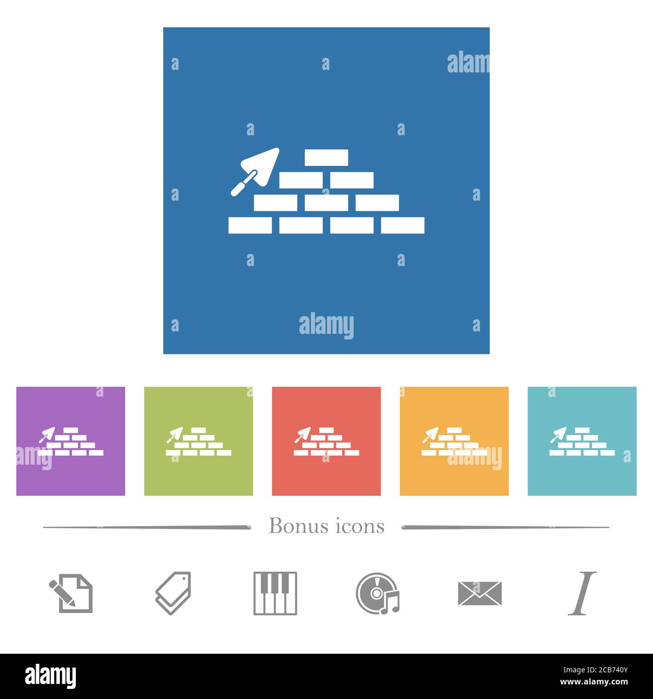 Brick wall and trowel flat white icons in square backgrounds. 6 bonus ...